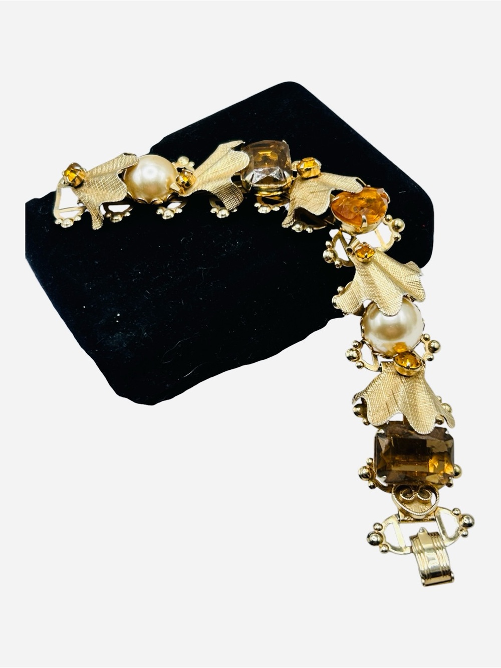 Massive  Vintage Topaz Glass Faux Pearl Book Chain Bracelet